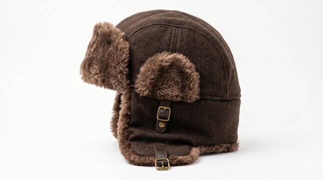 Brown ushanka hat with fur ear flaps isolated on white background, designed for winter warmth and classic Russian style.