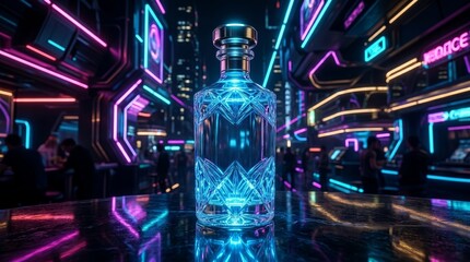 Fototapeta premium Futuristic crystal vodka bottle in a neon-lit cyberpunk city background.