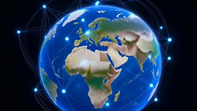 Globe earth map with continents highlighted in blue and green tones, space background, planet