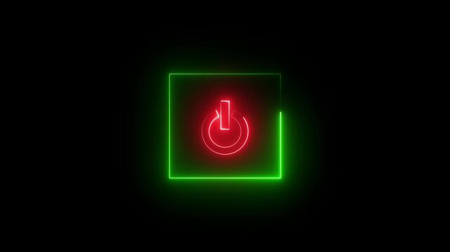 Glowing neon red and green color power button icon animation technology shutdown screen turn on off button stop startup computer and mobile phone electric futuristic on black background 