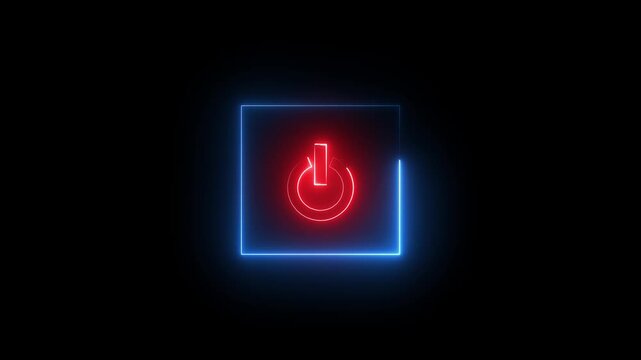 Glowing neon red and blue color power button icon animation technology shutdown screen turn on off button stop startup computer and mobile phone electric futuristic on black background 