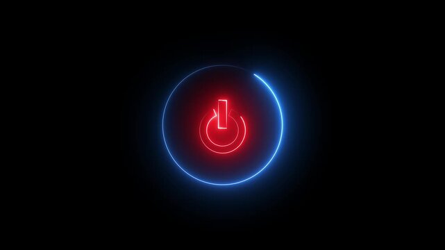 Glowing neon red and blue color power button icon animation technology shutdown screen turn on off button stop startup computer and mobile phone electric futuristic on black background 