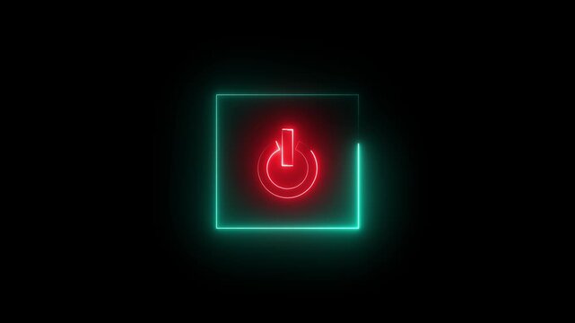 Glowing neon red and cyan color power button icon animation technology shutdown screen turn on off button stop startup computer and mobile phone electric futuristic on black background 