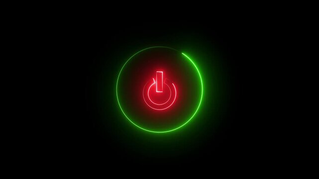 Glowing neon red and green color power button icon animation technology shutdown screen turn on off button stop startup computer and mobile phone electric futuristic on black background 
