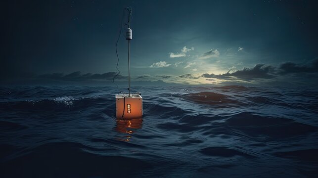 Scientific buoys collecting data floating calm ocean night