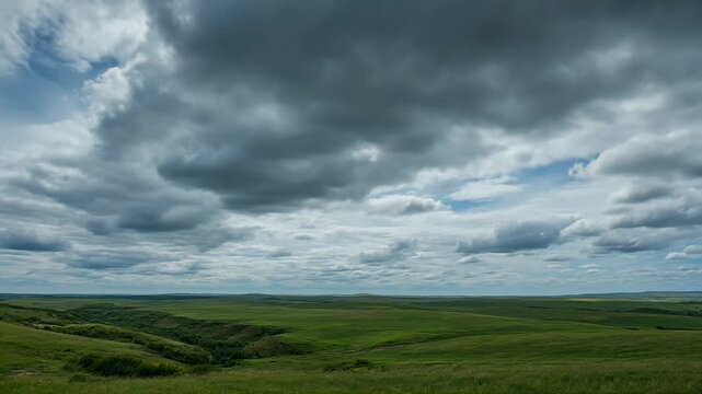 Cloud over rolling green plains with sky&rsquo;s gentle blue tinge field open
