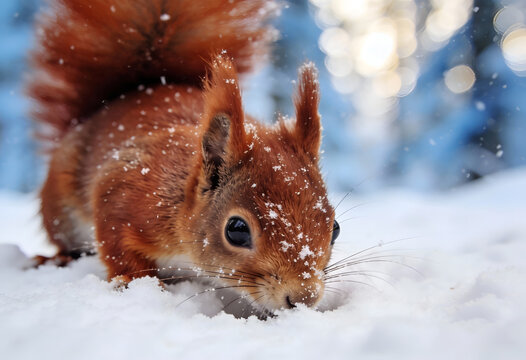 Red squirrel searching for food in snowy forest environment