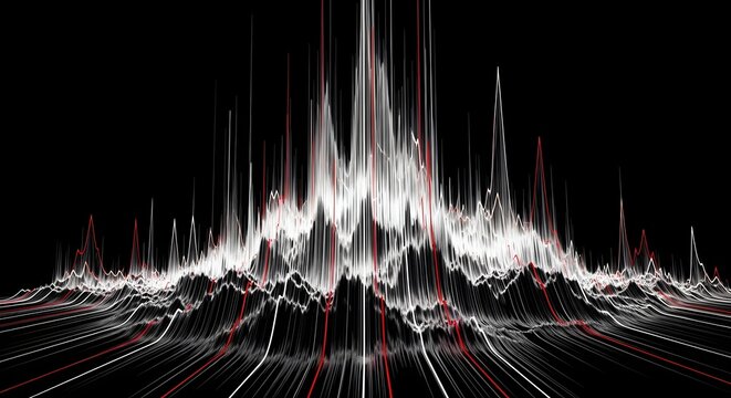 Abstract sound wave and frequency visualization. Digital audio processing and signal analysis. White and red data spikes glowing on a dark background representing high energy music