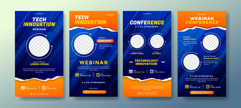 Modern tech innovation webinar and conference promotional flyers with live streaming details and futuristic design elements