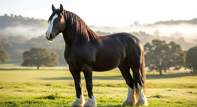 Brown horse standing in a green field with trees