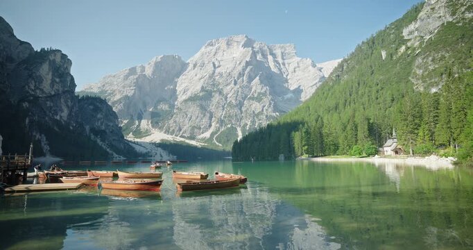 Moored boats at Lago Di Braies, Dolomites, Italy