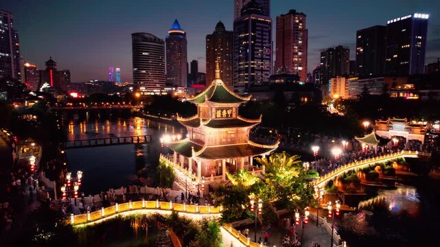 Illuminated Jiaxiu Pavilion and Guiyang Skyline at Night