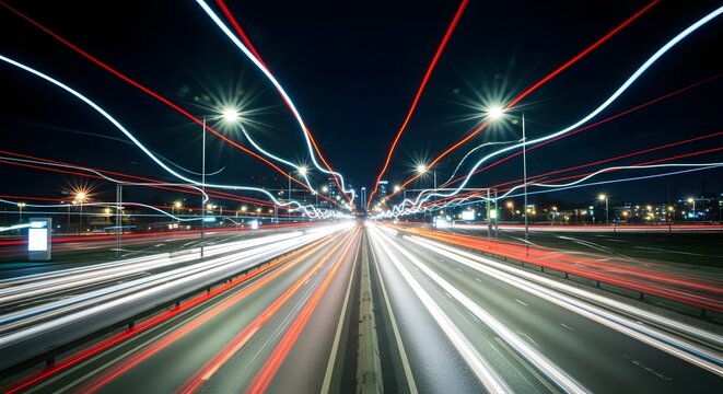 Symmetrical highway light trails in a night cityscape. High-speed connectivity and logistics transportation. Long exposure photography of vehicle lights on a multi-lane freeway