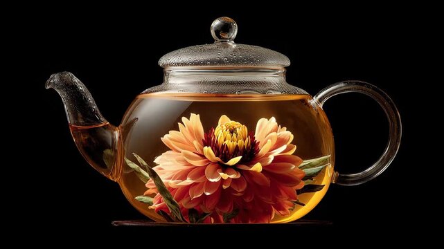 Blooming Tea in Glass Teapot with Flower, A glass teapot filled with colorful flowers