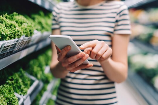 Woman shopping in grocery store using smartphone app