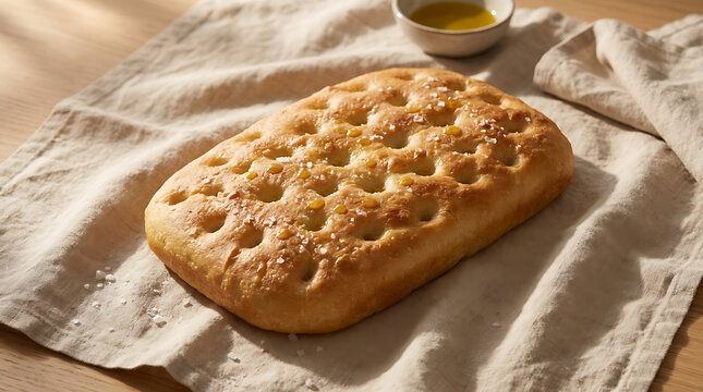 Freshly baked Italian focaccia bread rustic flatlay composition on linen cloth over wooden table for bakery website banner or menu design