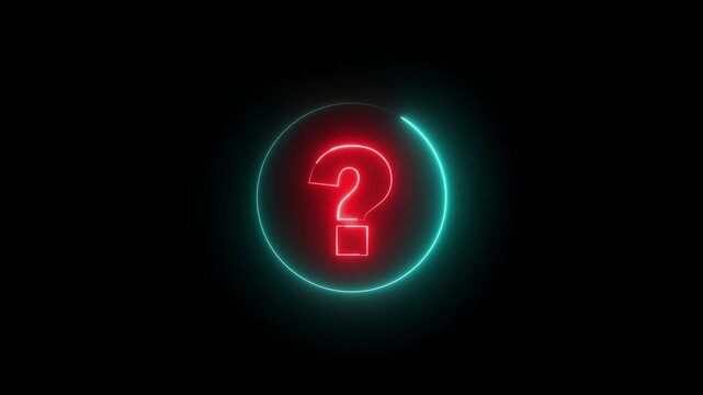 Glowing neon red and cyan color question mark sign icon animation quiz confusion mark punctuation interrogative sign education exam sign symbol on black background