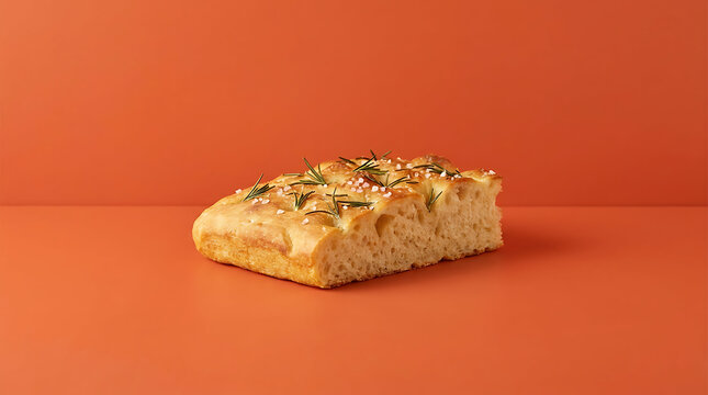 Rosemary focaccia bread slice in minimalist composition on orange background with sea salt and fresh herbs for food menu design or bakery banner