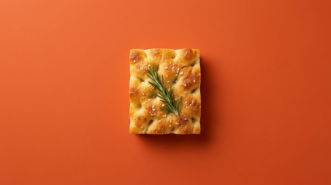 Italian focaccia bread with rosemary and sea salt centered on orange background with copy space for food banner or restaurant menu design
