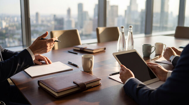 Professionals engaged in a detailed business discussion around a conference table with city views.