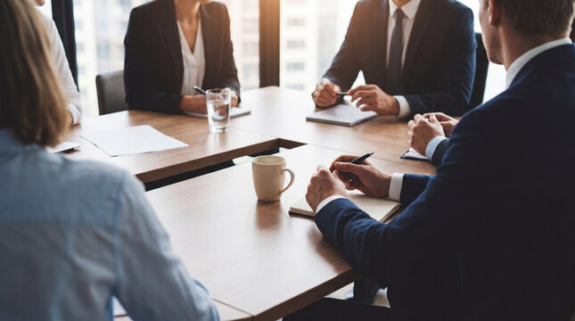 Diverse group of business professionals engaging in a corporate meeting, collaborating around a modern conference table.