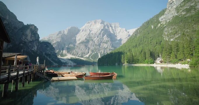 Lago Di Braies with rowing boats, Dolomites, Italy