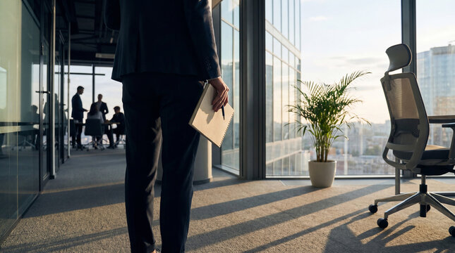 Professional businessman walking through a sunlit modern office hallway with a notebook in hand.