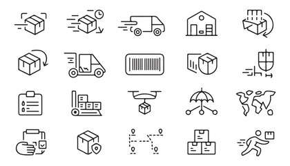 Fototapeta premium Black Solid Logistics and Shipping Icon Set with Delivery Truck Warehouse Drone Barcode Security Package and Supply Chain Symbols Vector Collection