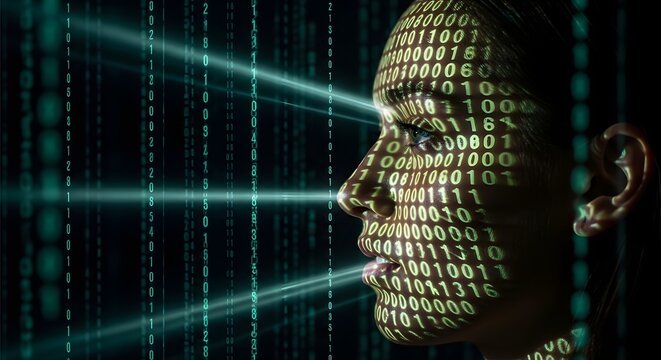 Female face with green binary code projection. Hacking and digital data privacy. Woman profile with scrolling numbers for computer software concepts