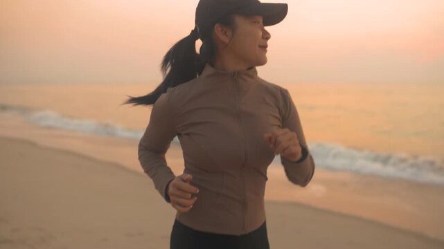 Woman running along a peaceful seaside at sunset, enjoying freedom and movement by the ocean, capturing a healthy lifestyle, outdoor exercise, summer vacation, travel, and wellness inspiration.
