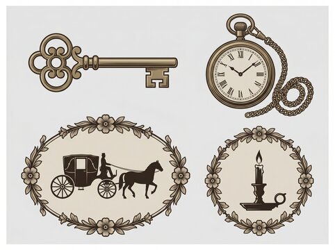 Retro collection featuring old key and pocket watch icons. Victorian carriage and candlestick silhouettes with floral frames vector illustration on gray, vector isolated on white