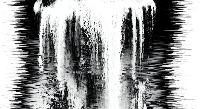 High contrast glitch art effect of a digital waterfall. Abstract error and data corruption concept. Black and white distorted pixels cascading down in a static noise pattern.