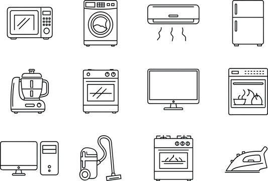 Modern Household Appliance and Consumer Electronic Icon Set Featuring Kitchen Essentials, Laundry Equipment, and Home Technology Line Art Outlines
