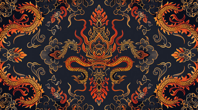 Traditional Asian dragon motif with symmetrical fire and smoke elements