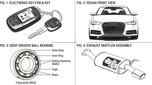 Automotive technical illustration set with car key sedan bearing structure and exhaust muffler mechanical engineering diagrams collection