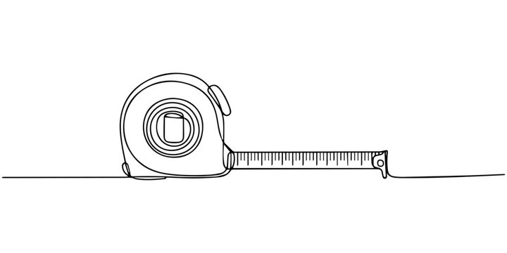 Tape measure in line art drawing style. Flexible ruler black line sketch on white background. Vector illustration, Measuring tape  in one continuous line drawing. Symbolizing industrial tools