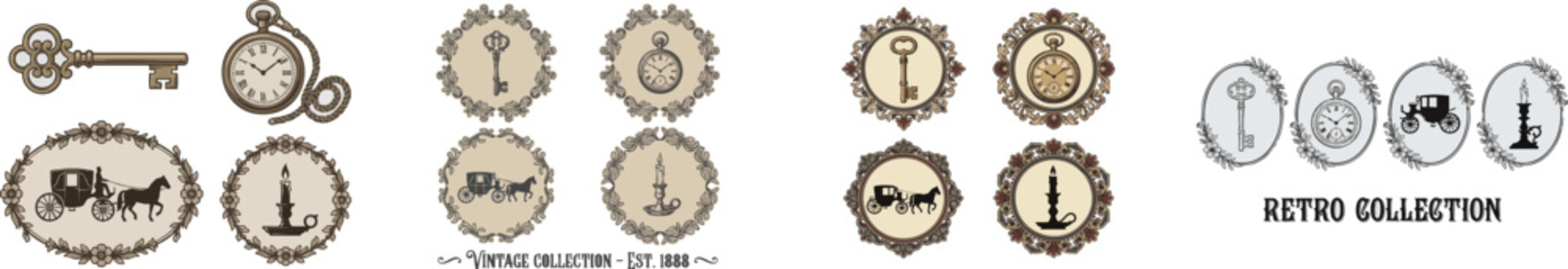 Retro collection featuring old key and pocket watch icons. Victorian carriage and candlestick silhouettes with floral frames vector illustration on gray, vector isolated on white