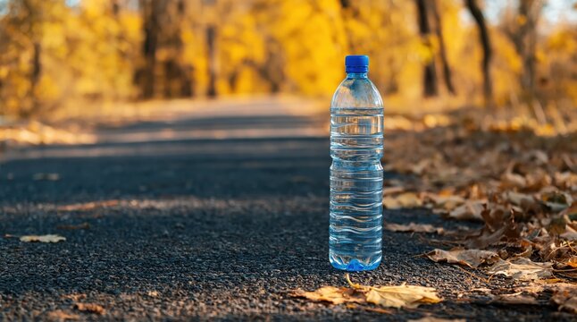 Water bottle on road in autumn forest path