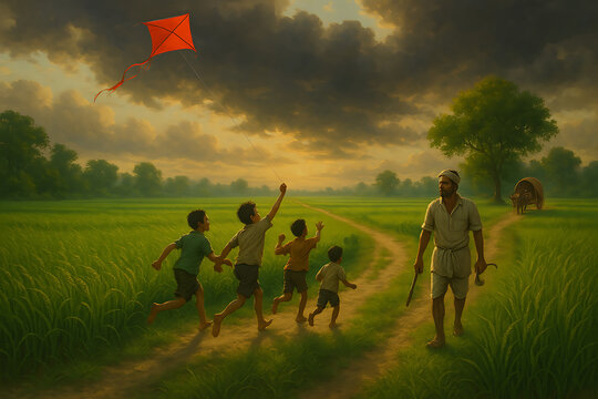 Several young children are running joyfully through a lush green field while flying a bright red kite as a farmer walks nearby on a dirt path during a beautiful sunset