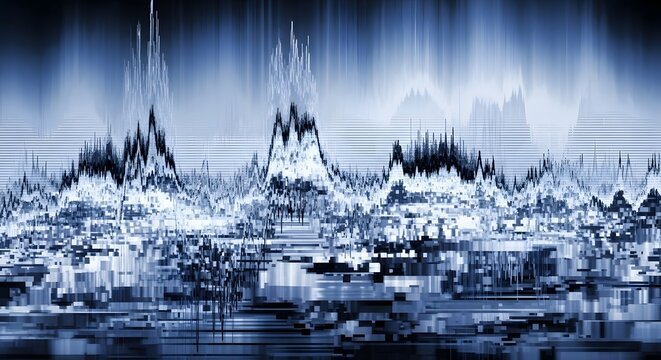 Distorted blue digital landscape glitch. Cyber security and data corruption concept. Blue and white pixelated mountain shapes with technical noise and scanning line artifacts