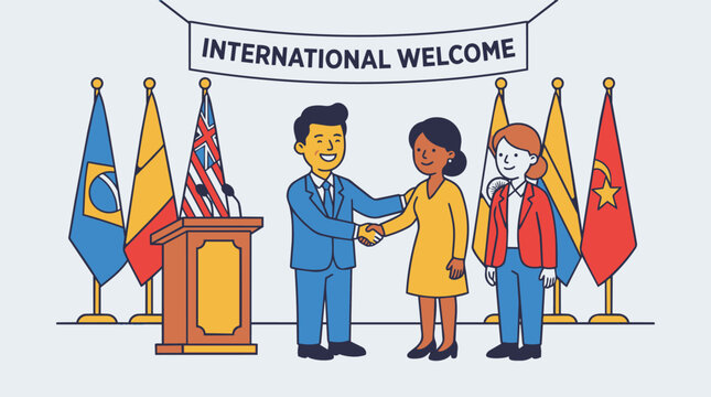 International Welcome Greeting: Handshake Between Delegates with Flags
