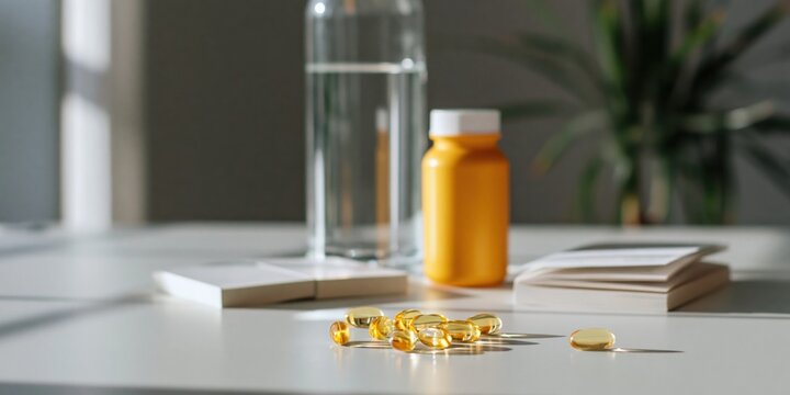 Softgel capsules and vitamin bottle on table