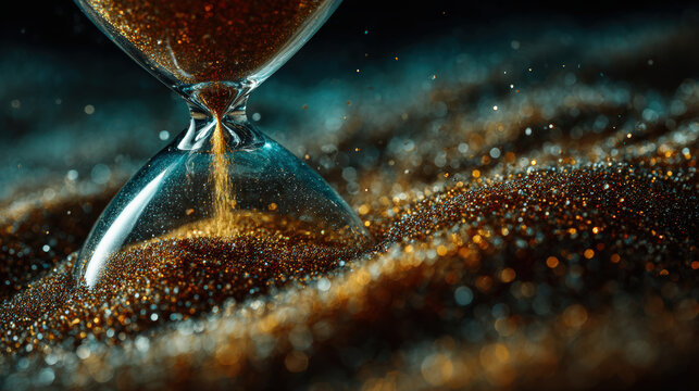 Hourglass sand time countdown deadline timer concept urgency close up of glass hourglass with golden sand falling over glitter background