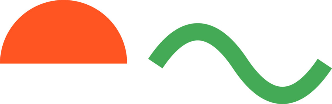 Minimalist geometric composition with orange semicircle and green wavy line on a plain white illustration
