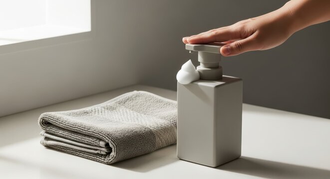 close-up of a hand pressing the pump on a modern white soap dispenser with foam emerging, next to a neatly folded gray towel in a minimalist bathroom setting, showcasing cosmetic and beauty products
