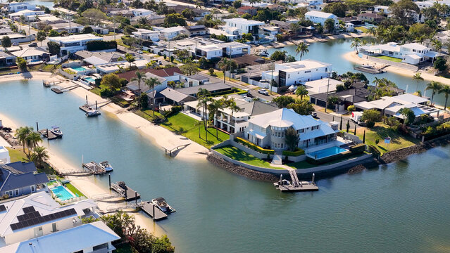 Aerial View of Luxury Waterfront Homes and Private Jetties in Gold Coast