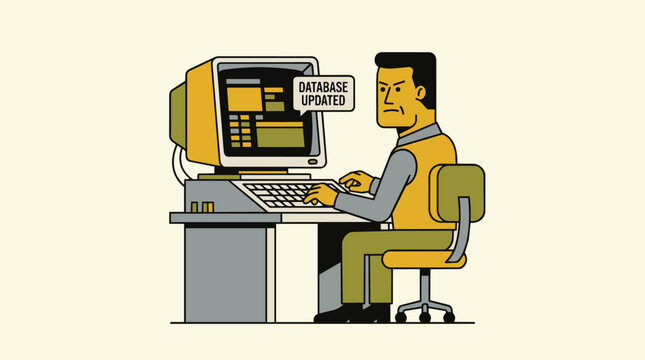 Man working on old computer, database updated message on screen