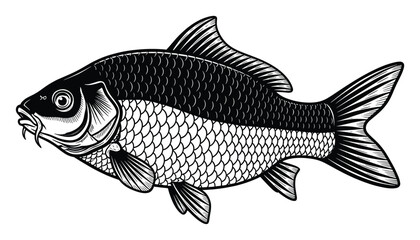 Fototapeta premium Detailed black and white carp fish drawing for fishing hobbyist branding and aquatic themed designs