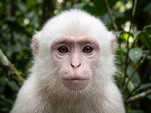 A close-up shot of a white monkey looking directly at the camera in a lush green forest environment with trees and leaves.