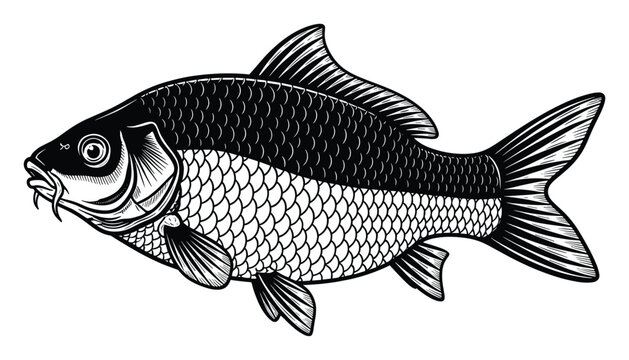 Detailed black and white carp fish drawing for fishing hobbyist branding and aquatic themed designs